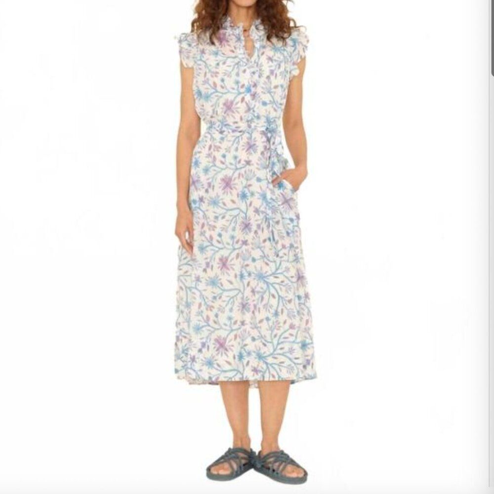 XIRENA April Ruffle Sleeves Dress In Ivory Blue Size M